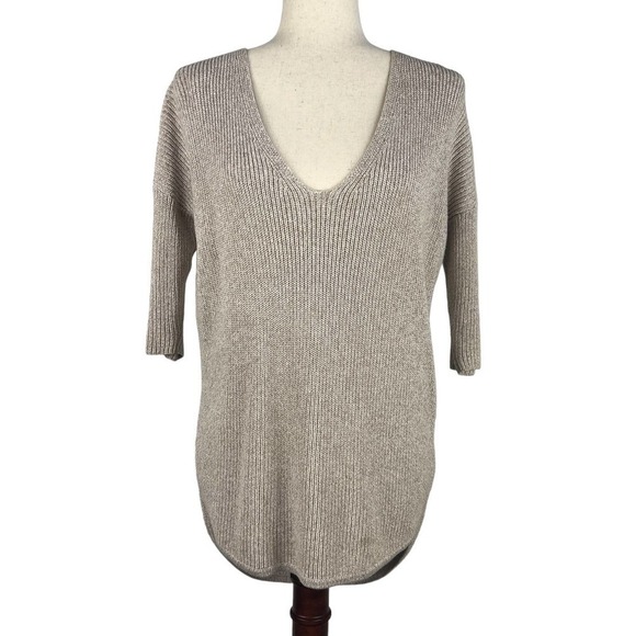 Express RIB-KNIT 3/4 DOLMAN SLEEVE V NECK CURVED HEM COTTON SWEATER CREAM XS EUC - Picture 1 of 14